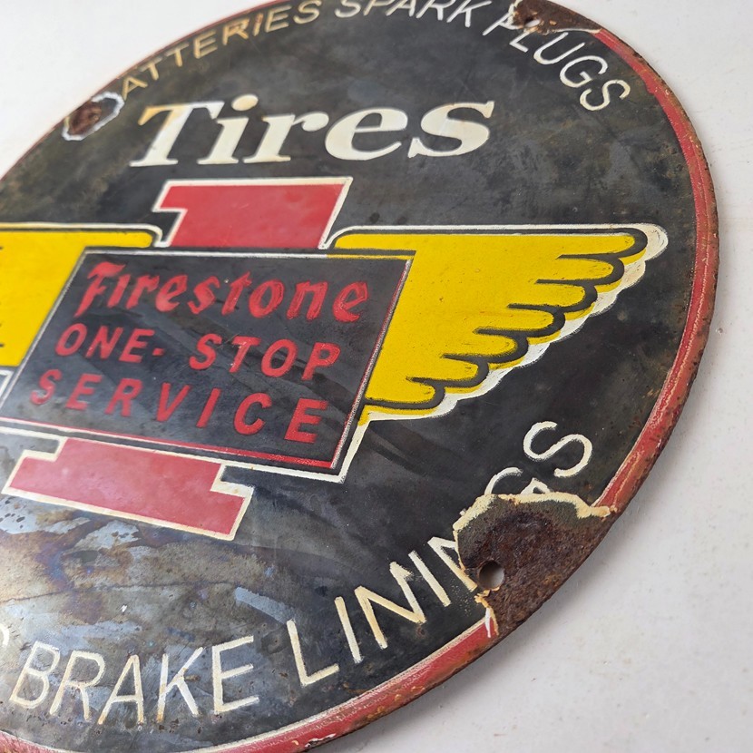 Vintage Firestone Tires Sign – One Stop Sales Service Gas Pump Porcelain Sign
