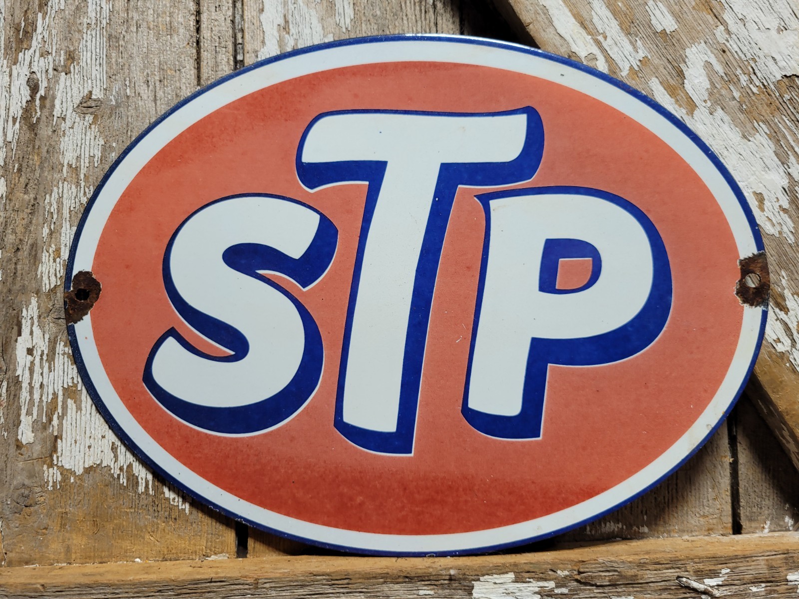 VINTAGE STP PORCELAIN SIGN OLD RACING OIL SCIENTIFICALLY TREATED PETROLEUM OVAL