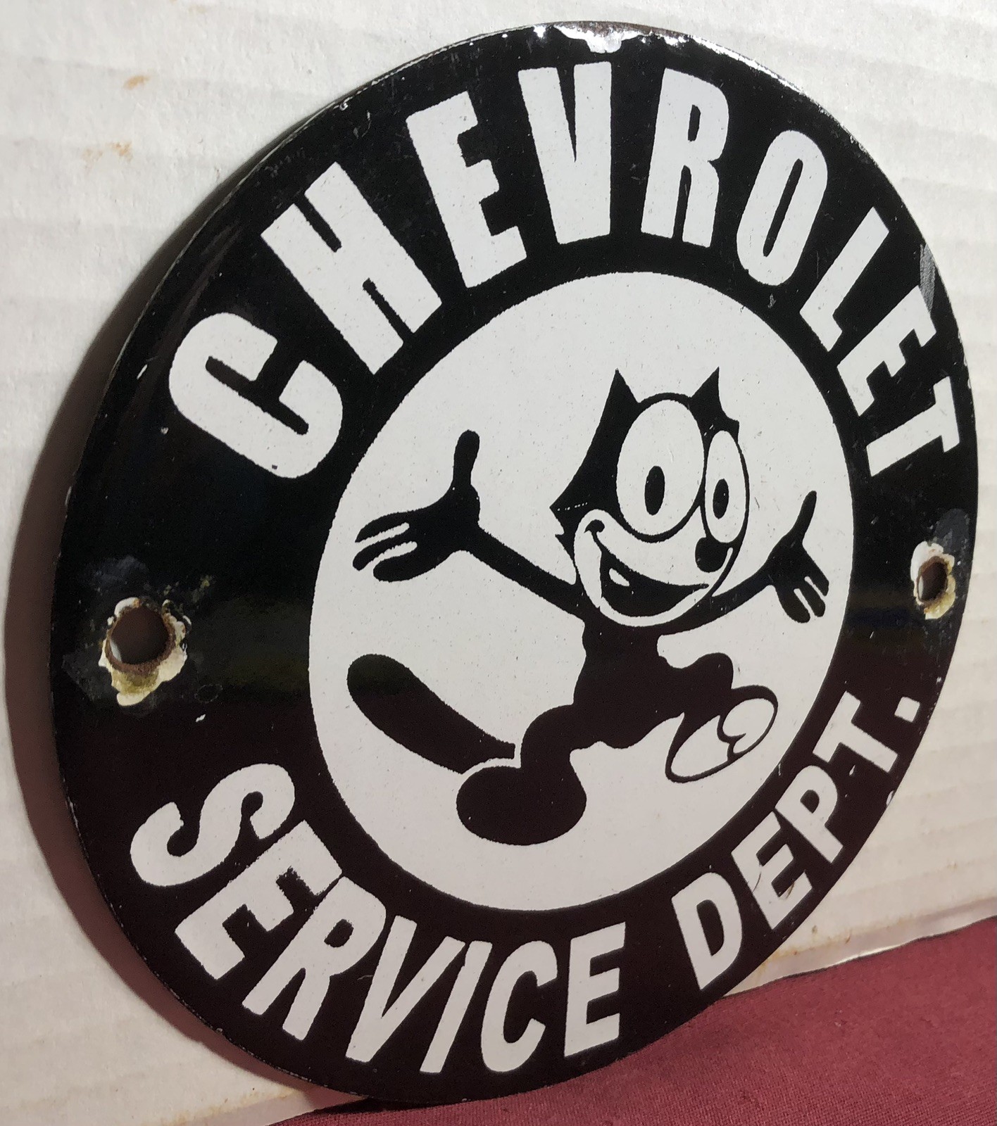 VINTAGE CHEVROLET 6”PORCELAIN SIGN FELIX THE CAT CHEVY CAR TRUCK DEALER USA