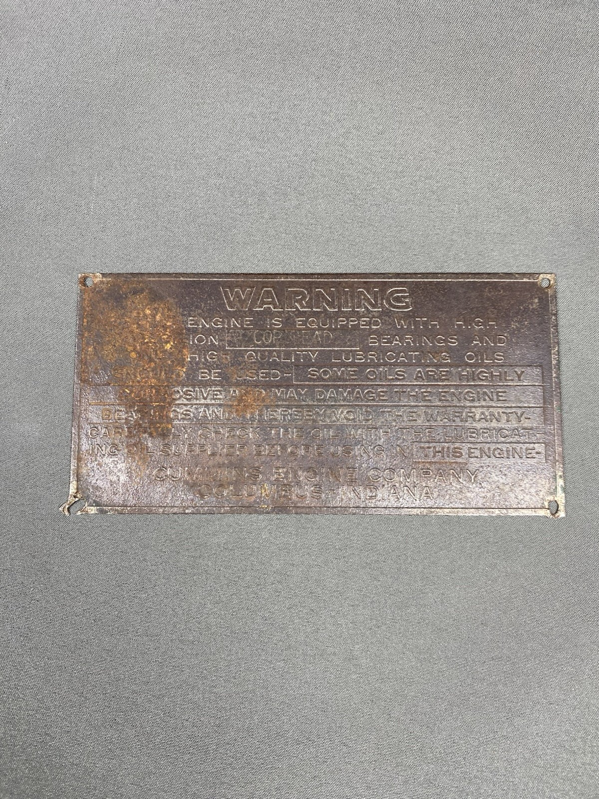 Vintage Cummins Engine Company Warning Nameplate Plaque 5×2.5”