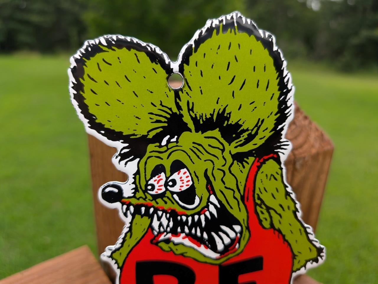 HEAVY THICK PORCELAIN RAT FINK DIE CUT DOOR PUSH SIGN R.F. HOT ROD ROTH 1963 GAS