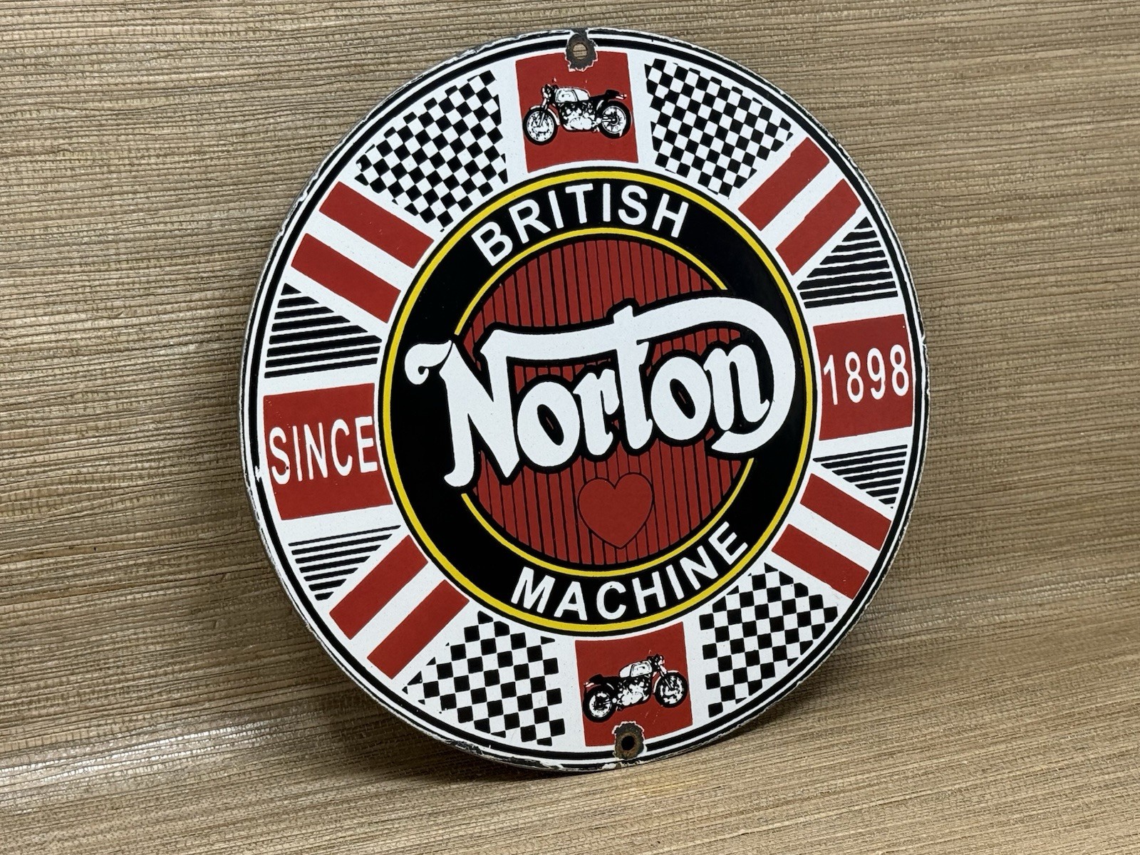 VINTAGE NORTON MOTORCYCLES PORCELAIN SIGN GENERAL MOTORS DEALERSHIP GAS OIL