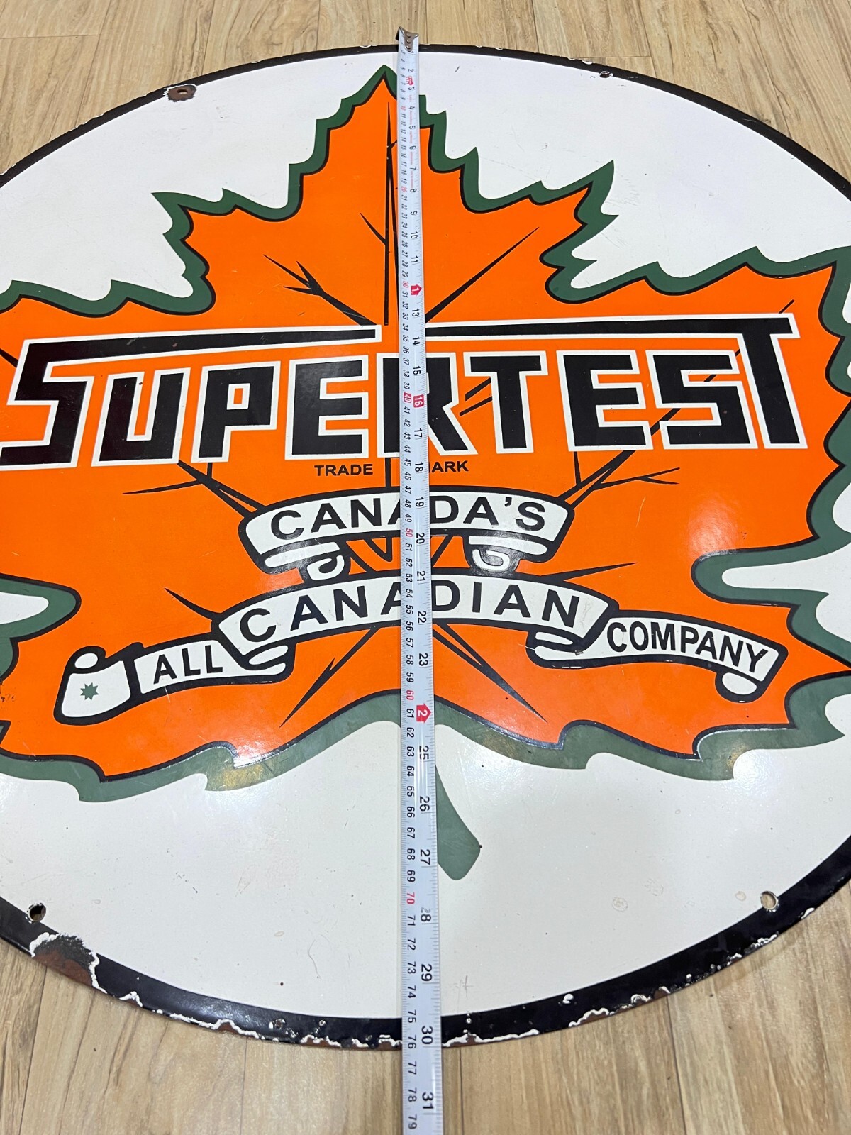 CANADA’S SUPERTEST 30 INCH DIAMETER PORCELAIN ENAMEL SIGN SINGLE SIDED