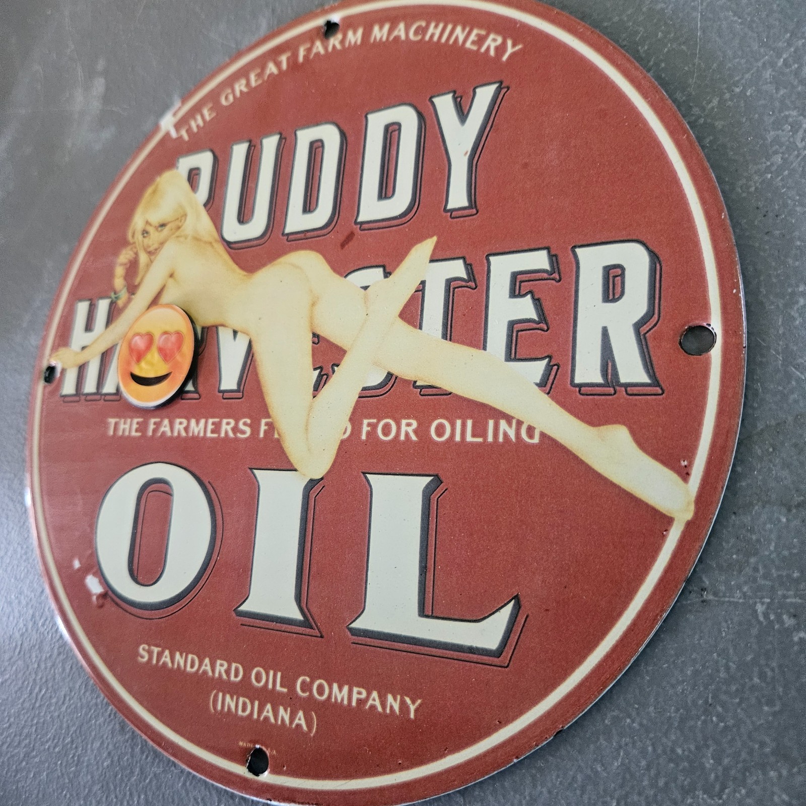 VINTAGE PORCELAIN PIN UP GAS & OIL STATION PUMP PLATE GARAGE MAN CAVE SIGN