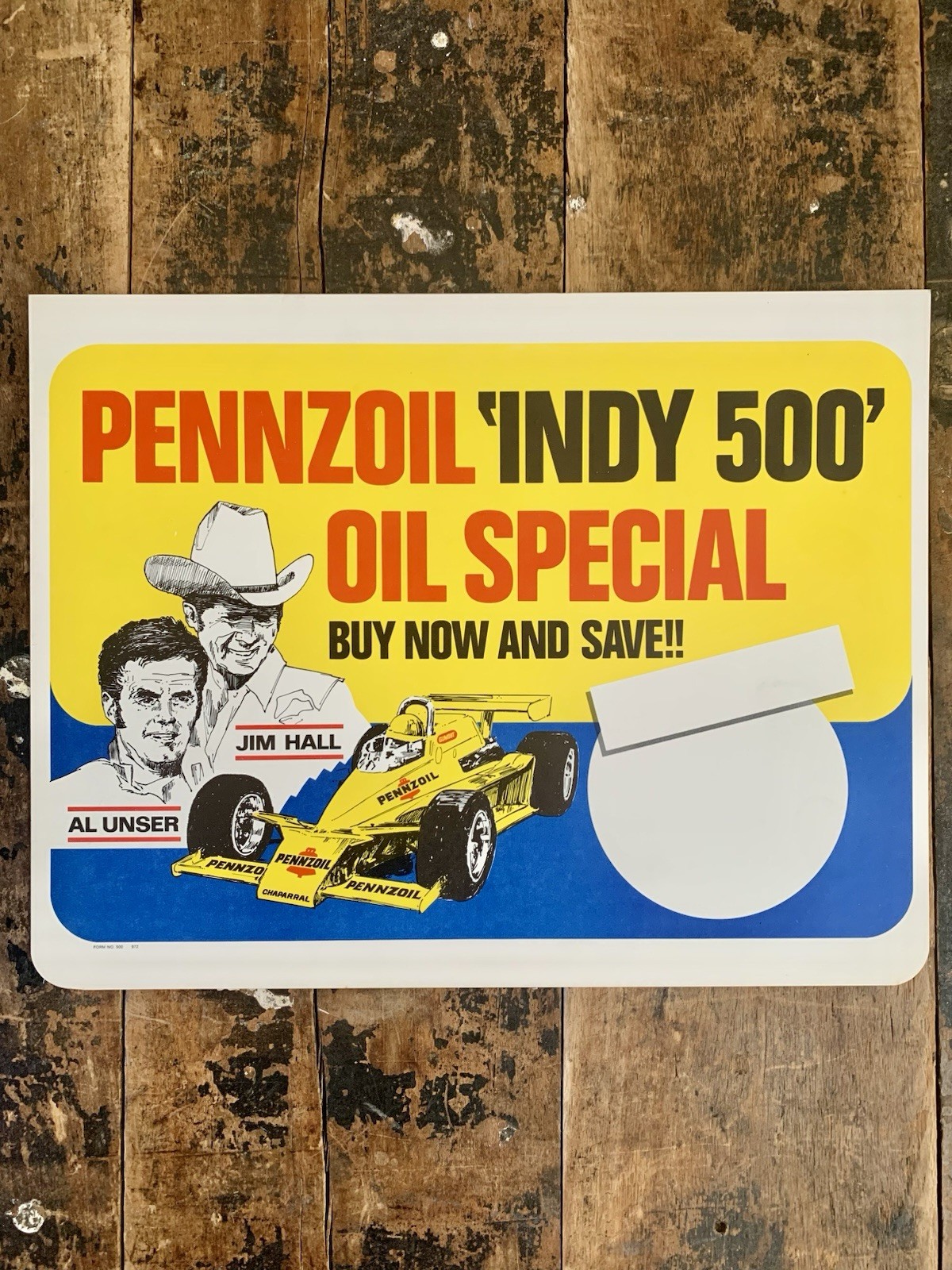 Vintage NOS 1979 Pennzoil Indy 500 Oil Special Cardstock Sign Jim Hall Al Unser