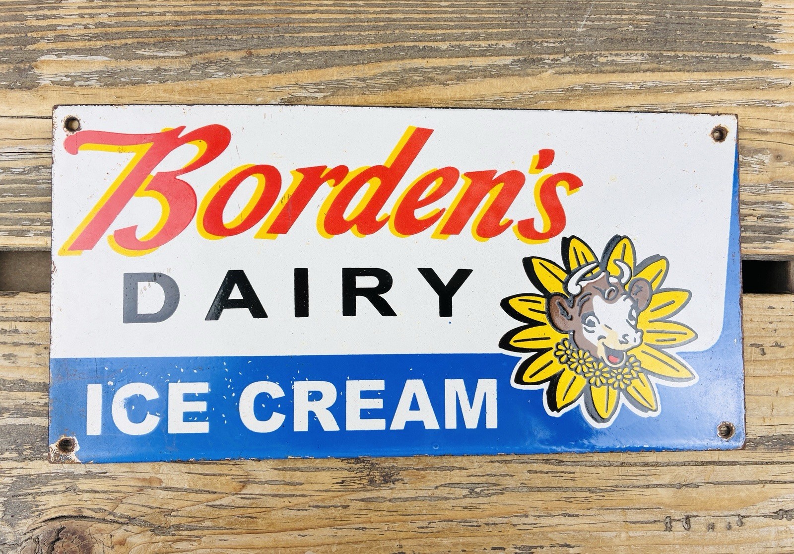 VINTAGE BORDEN’S DAIRY 12×6″ ICE CREAM DAIRY GASOLINE OIL PUMP PORCELAIN SIGN