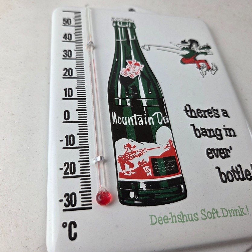 Vintage Mountain Dew Porcelain Sign – Soda Gas Pump Ad Thermometer Sign