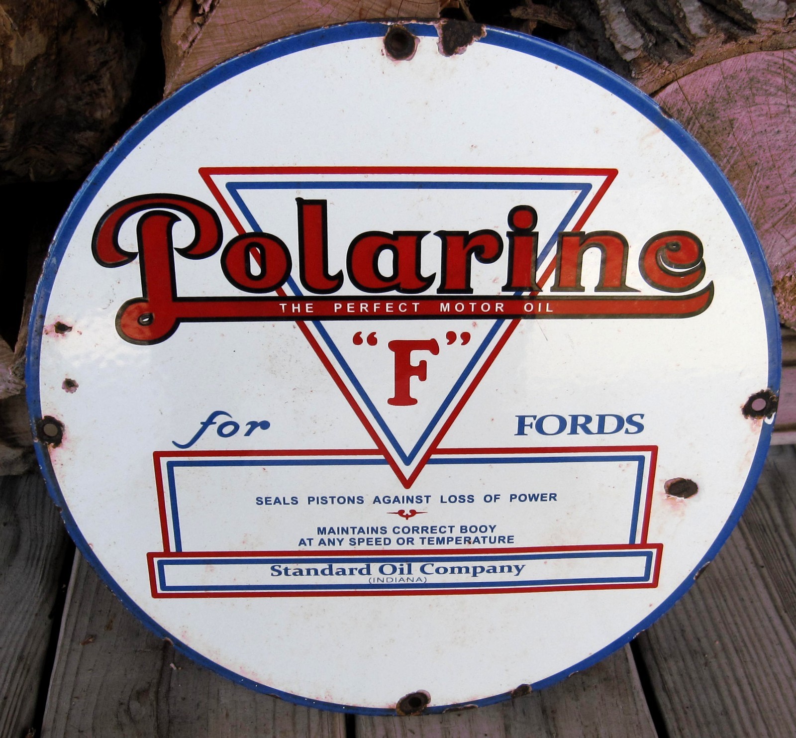 VTG PORCELAIN ENAMEL POLARINE MOTOR OIL “F” for FORDS STANDARD OIL GAS FUEL SIGN
