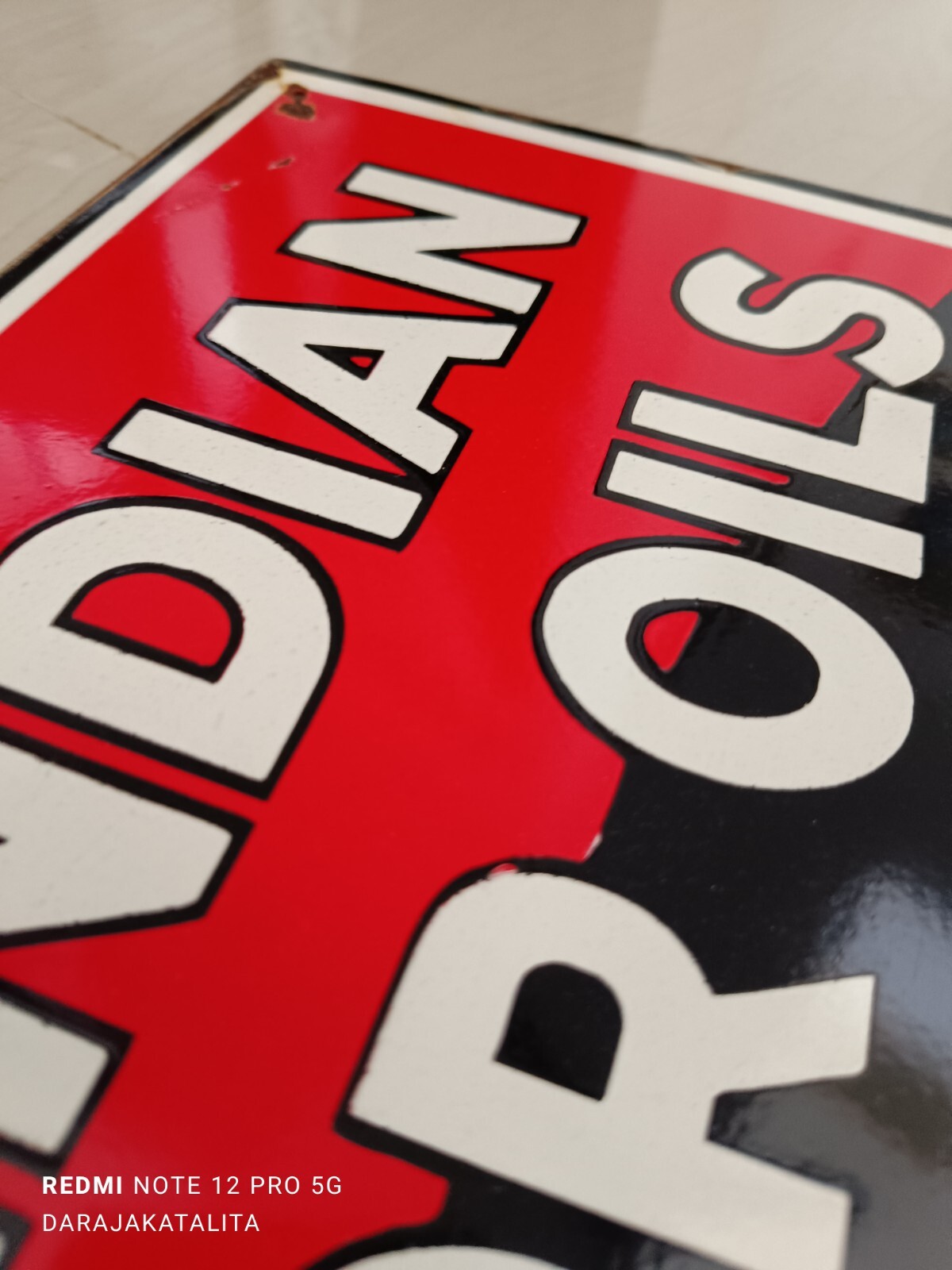 Not Porcelain Red Indian Motor oil Enamel Sign Size 60cm x 21cm Vintage Design