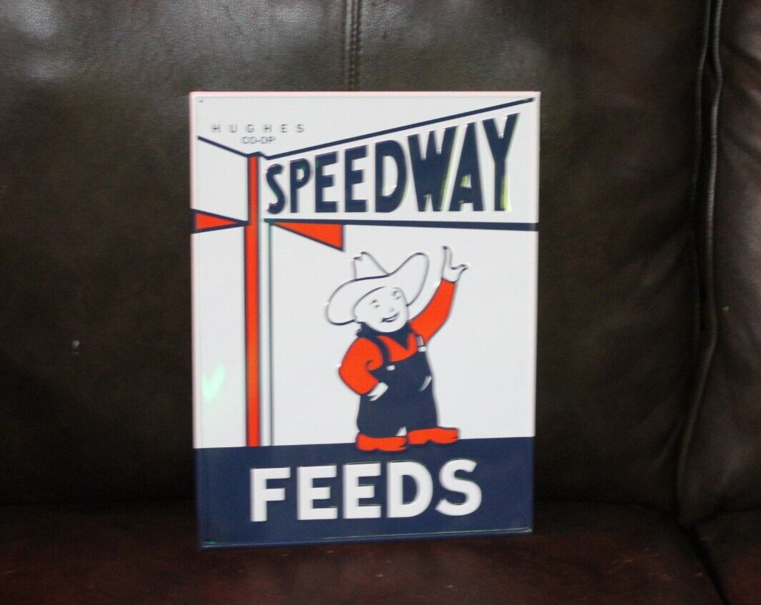 SPEEDWAY FEED CORN HUGHES CO-OP STORE EMBOSSED METAL SIGN GAS OIL FARM IH RACE