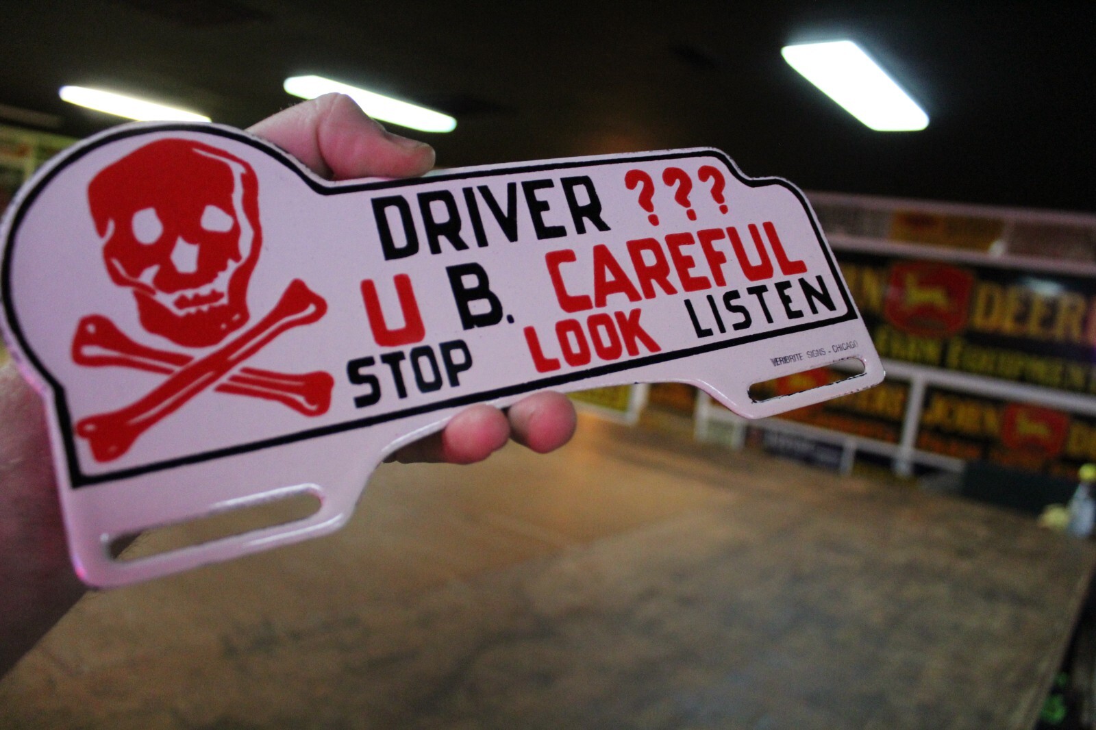 DRIVE U B CAREFUL STOP PORCELAIN METAL PLATE TOPPER SIGN SKULL CROSSBONES GAS