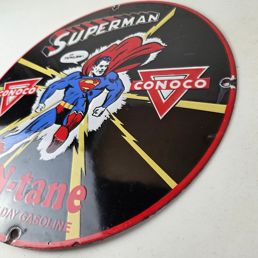 Vintage Conoco Gasoline Sign – Superman Comic Book Hero Porcelain Gas Pump Sign