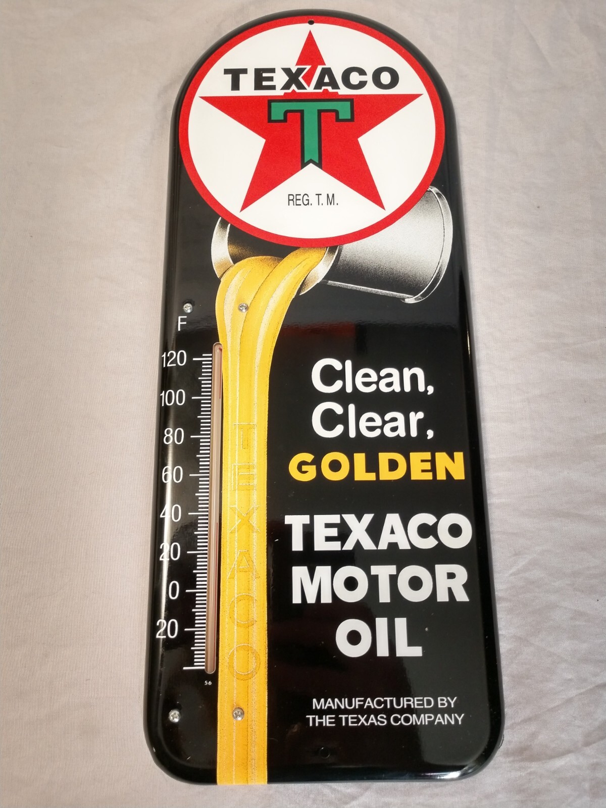 Texaco Motor Oil Clean Clear Golden Thermometer Sign 1996 R&B 16×6″ NOS VINTAGE