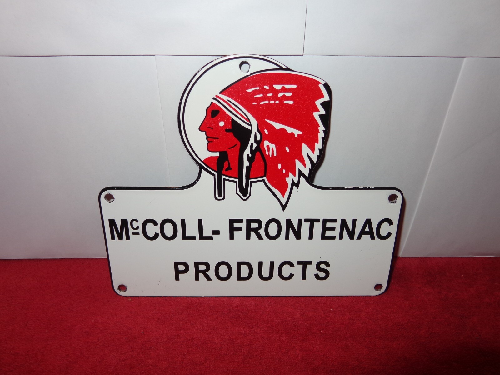 McCOLL – FRONTENAC RED INDIAN SIGN DIE CUT HEAVY METAL PORCELAIN 9 x 7 in # 969