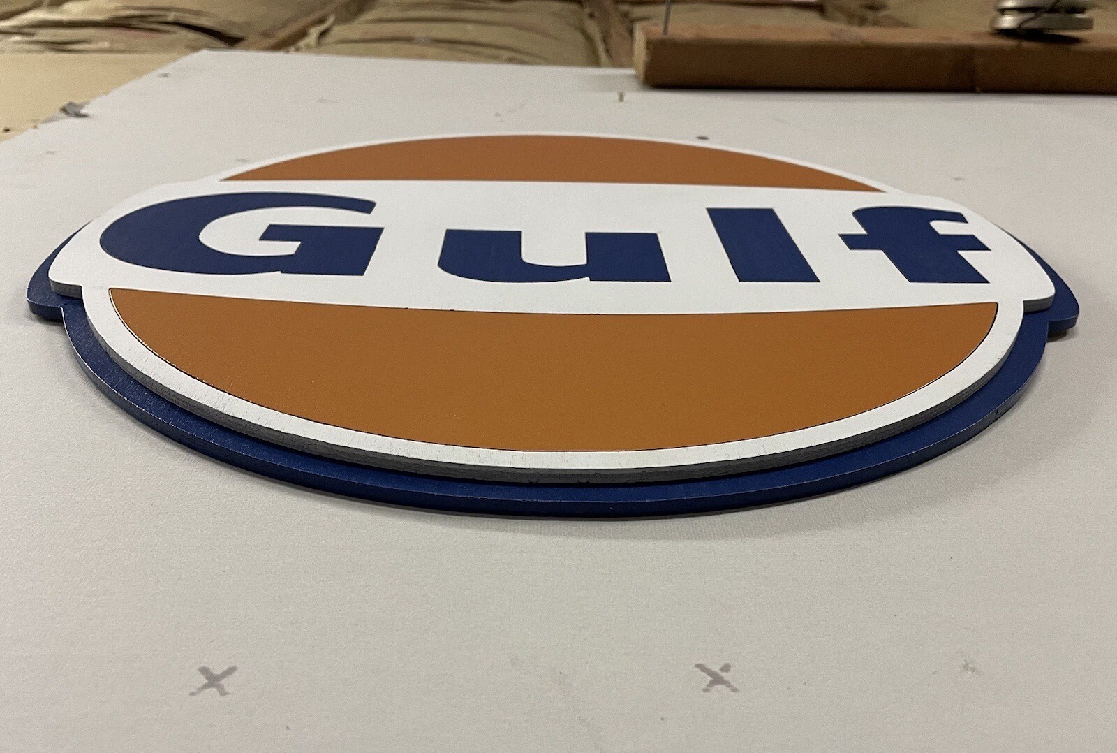 GULF Laser Cut Wood Sign – Hangable – With Hanger – Blue, Orange And White