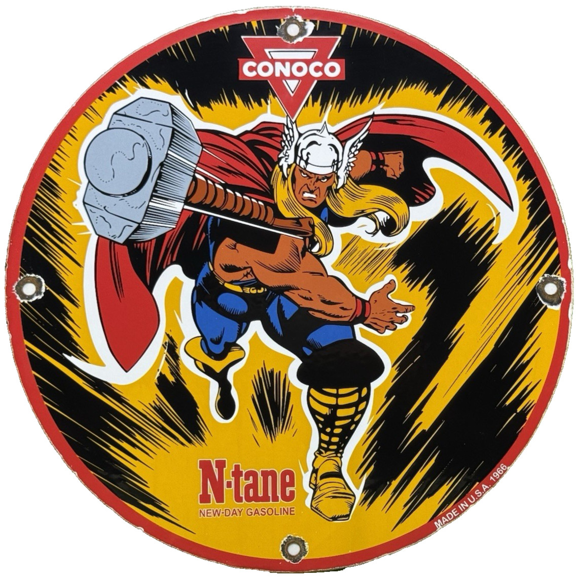 VINTAGE THOR N-TANE CONOCO GASOLINE 12″ PORCELAIN MARVEL COMIC OIL SIGN