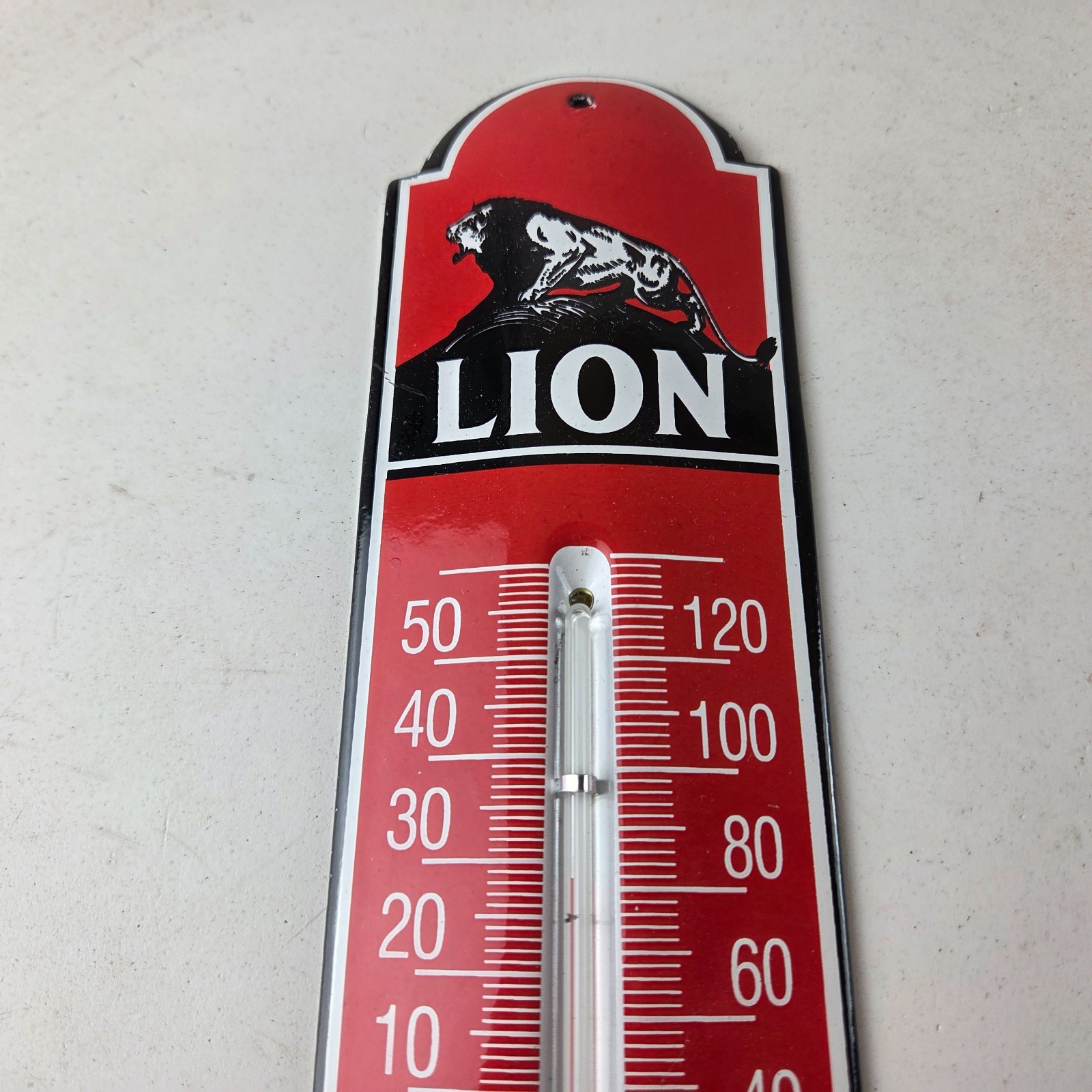 Vintage Lion Gas Sign – Service Station Pump Ad Sign on Porcelain Thermometer