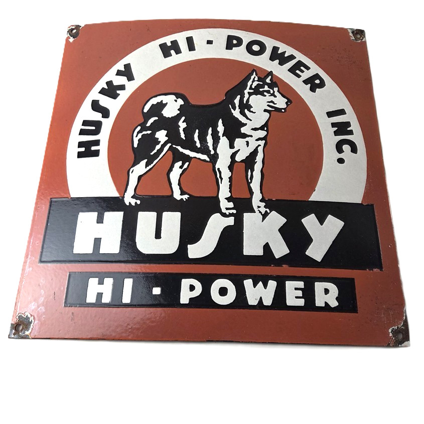 Vintage Husky Gasoline Sign – Hi Power Gas Motor Oil Pump Porcelain Sign