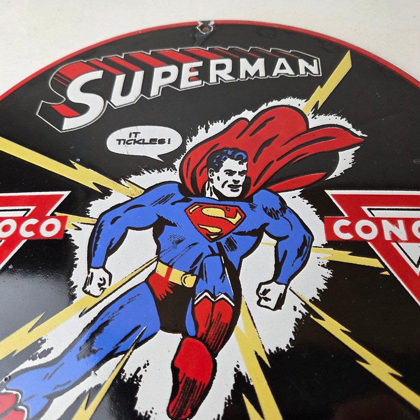 Vintage Conoco Gasoline Sign – Superman Comic Book Hero Porcelain Gas Pump Sign