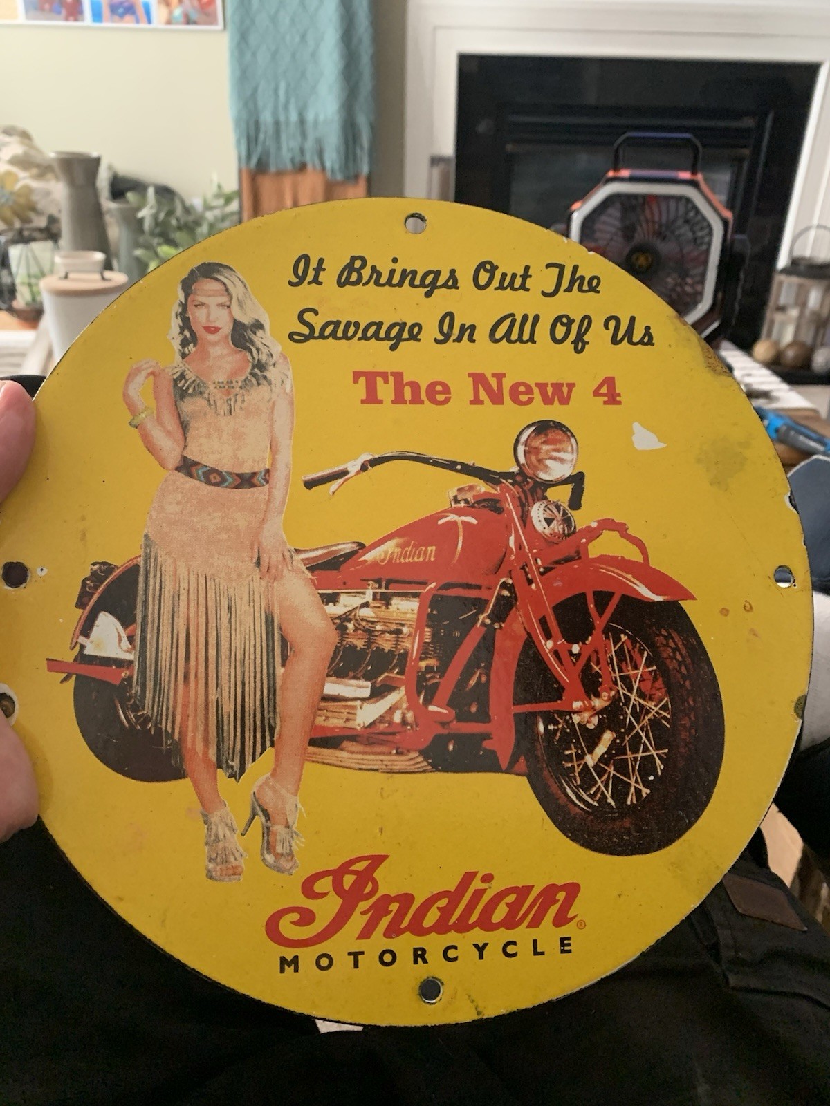 VINTAGE INDIAN MOTORCYCLE Girl PORCELAIN SIGN CAR GAS AUTO OIL