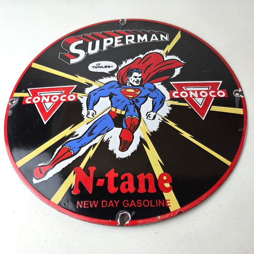 Vintage Conoco Gasoline Sign – Superman Comic Book Hero Porcelain Gas Pump Sign
