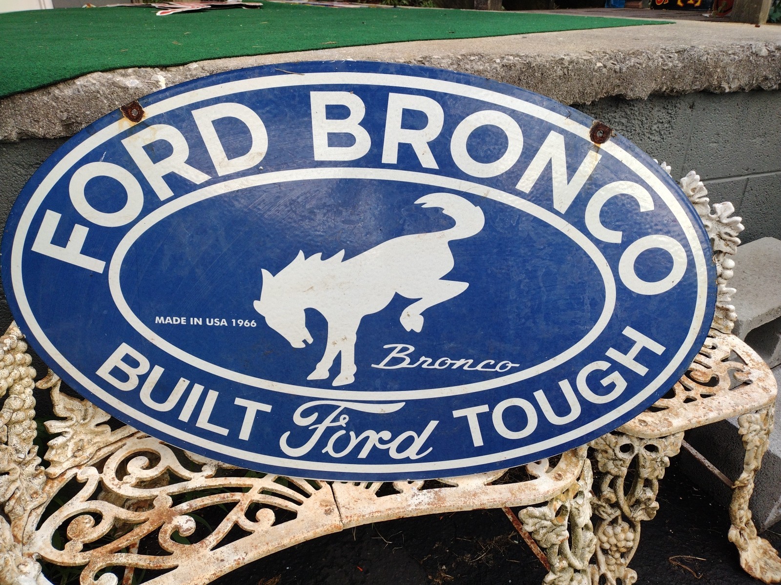 Vtg Dated 1966 Ford Bronco Built Tough 4WD Truck 3FT Porcelain Metal Dsp Sign