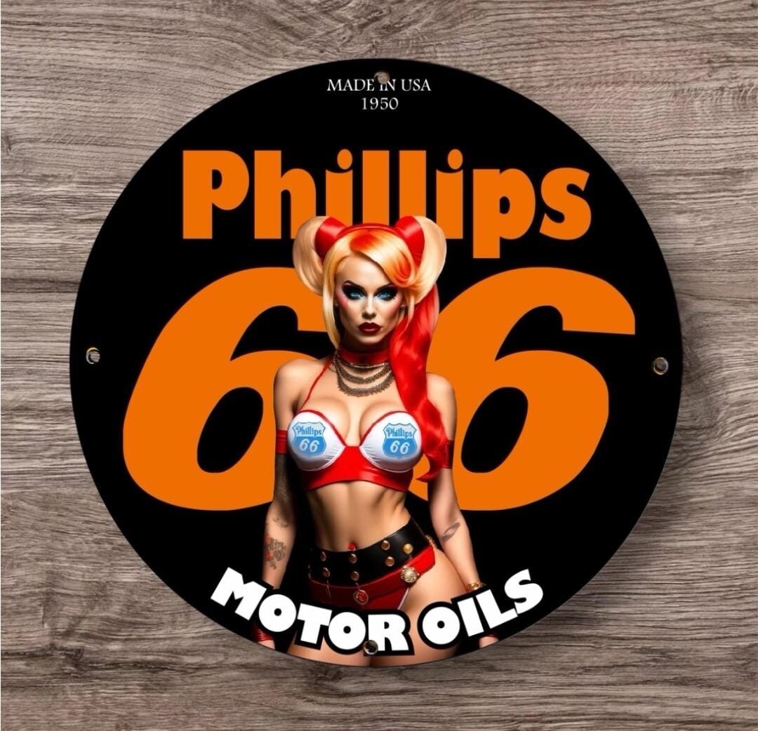 VINTAGE PHILLIPS 66 MOTOR OILS GARAGE GIRL PIN UP PORCELAIN ENAMEL SIGN