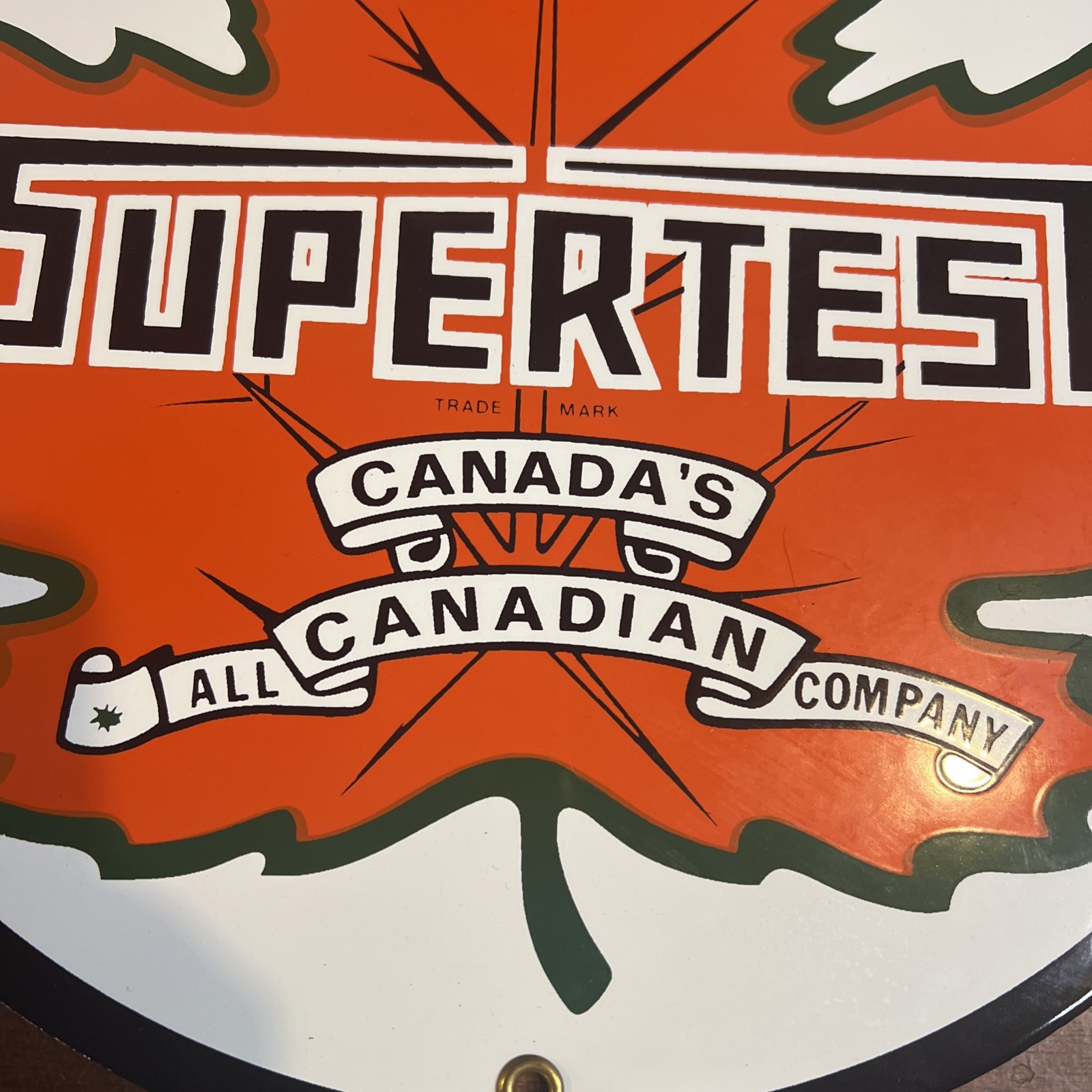 Vintage Supertest Maple Leaf Canadian Gasoline PorcelainSign 11 3/4 In