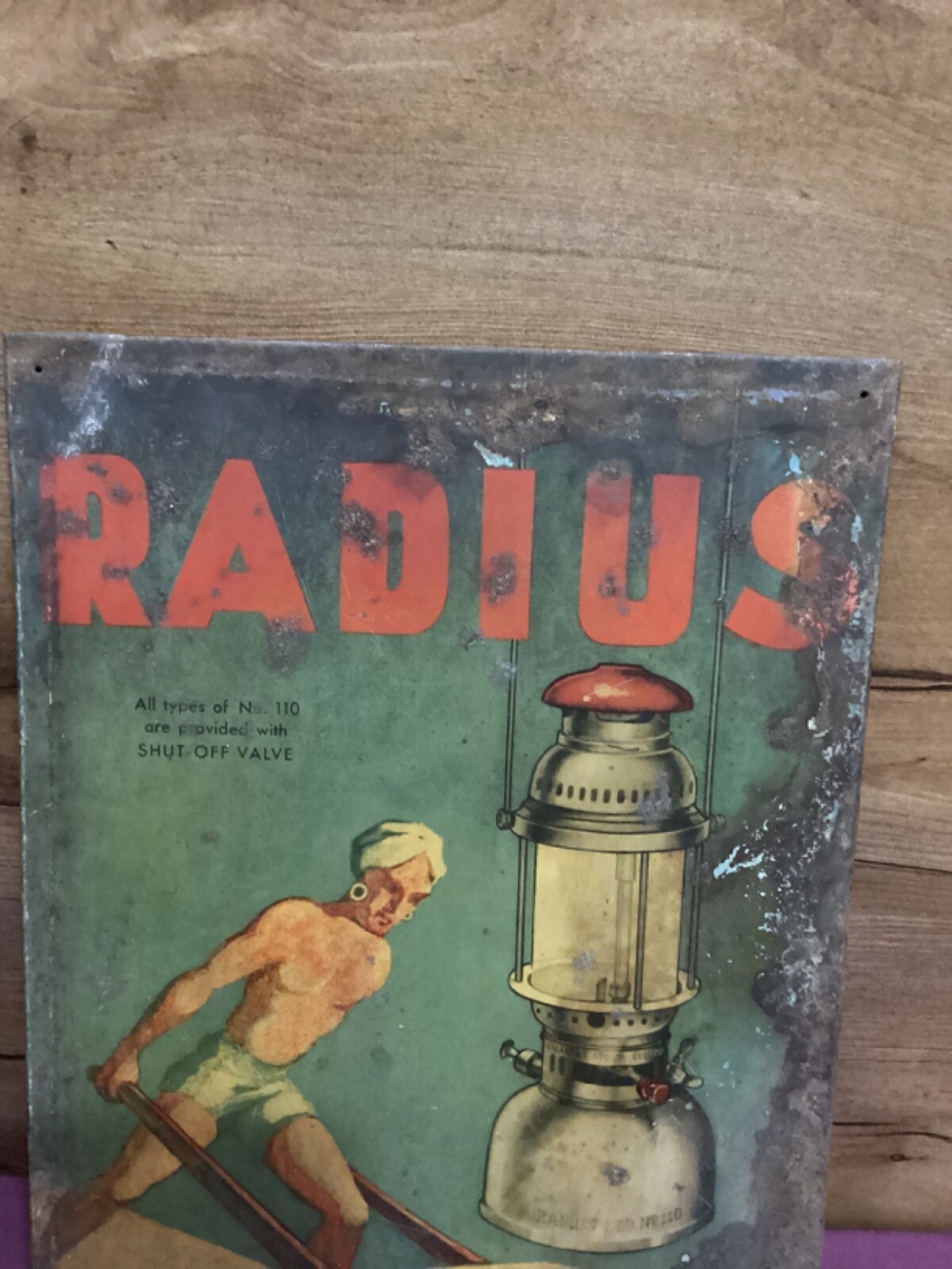 Vintage Radius Lantern 110 Shut Valve Kerosene Advertising Painted Tin Signboard