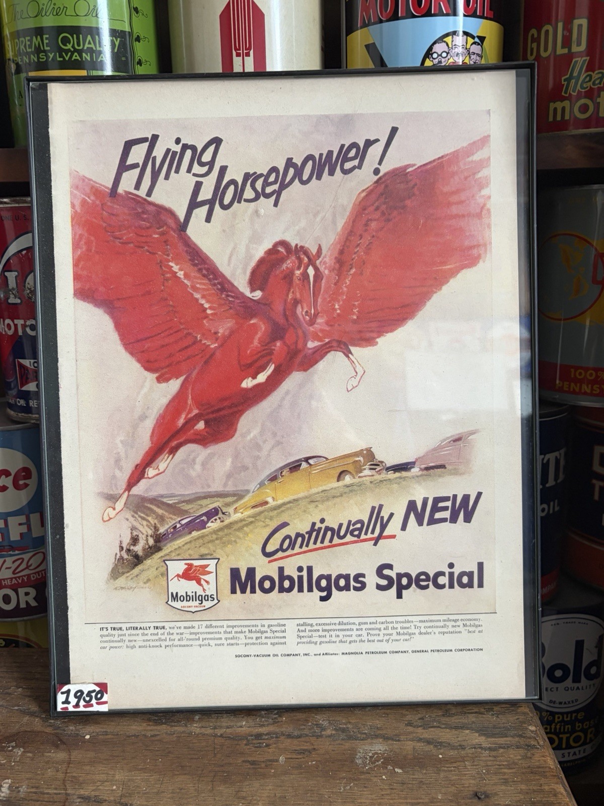 1950 Mobil Gas Framed Pegasus Orignal Sign Antique Old Mobilgas Motor Oil Shield