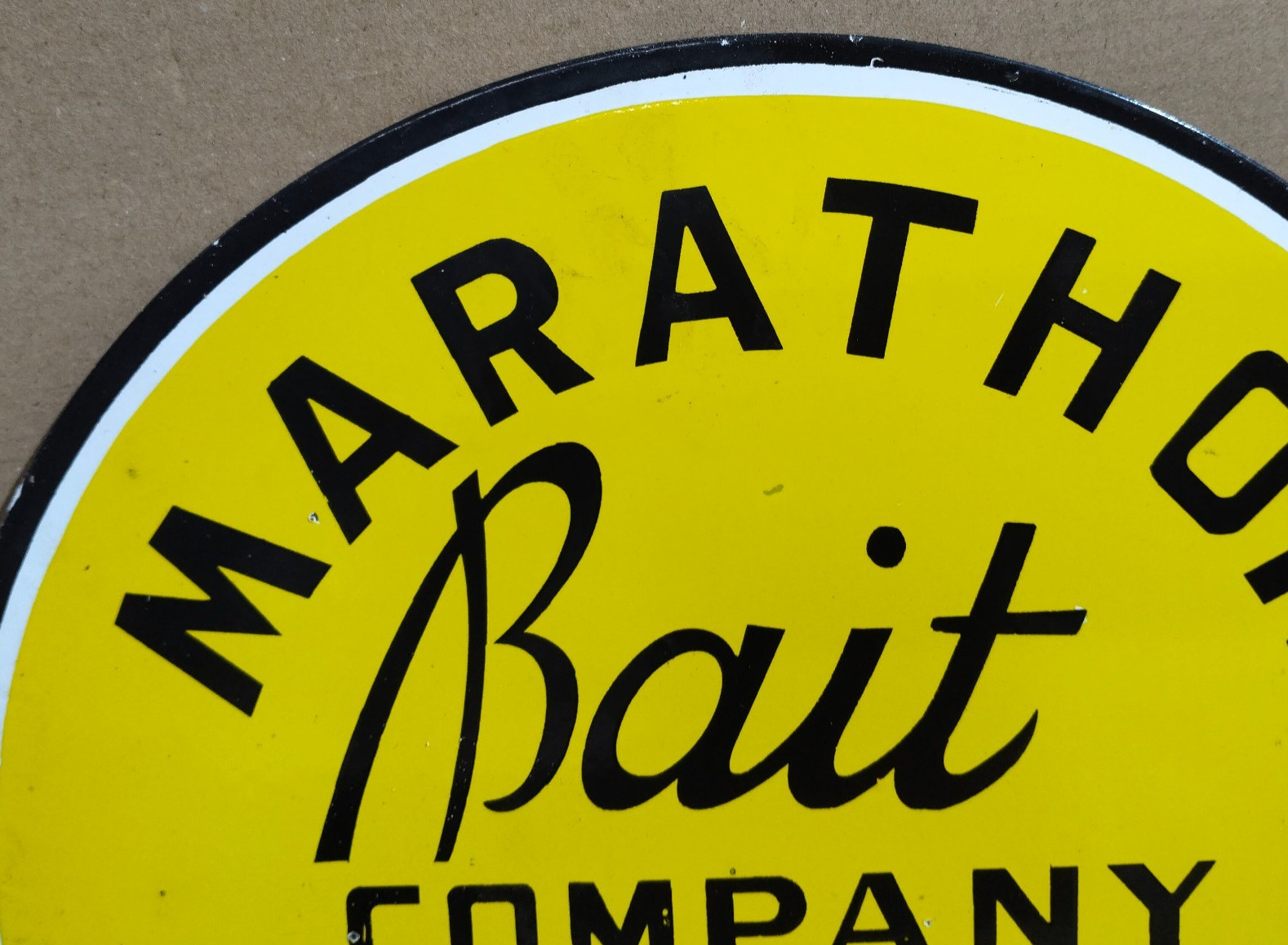 Marathon Bait Company Porcelain Enamel Sign 19.5 x 17 Inches 2 Sided