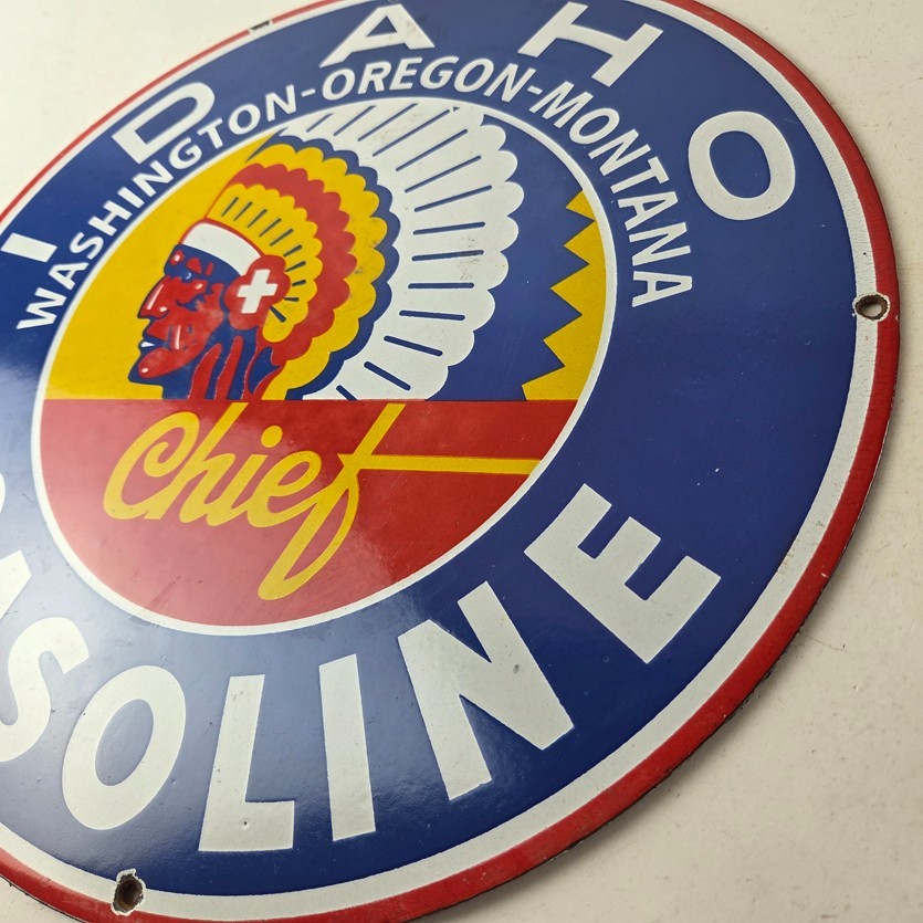 Vintage Idaho Gasoline Sign – Indian Chief Gas Motor Oil Pump Porcelain Sign