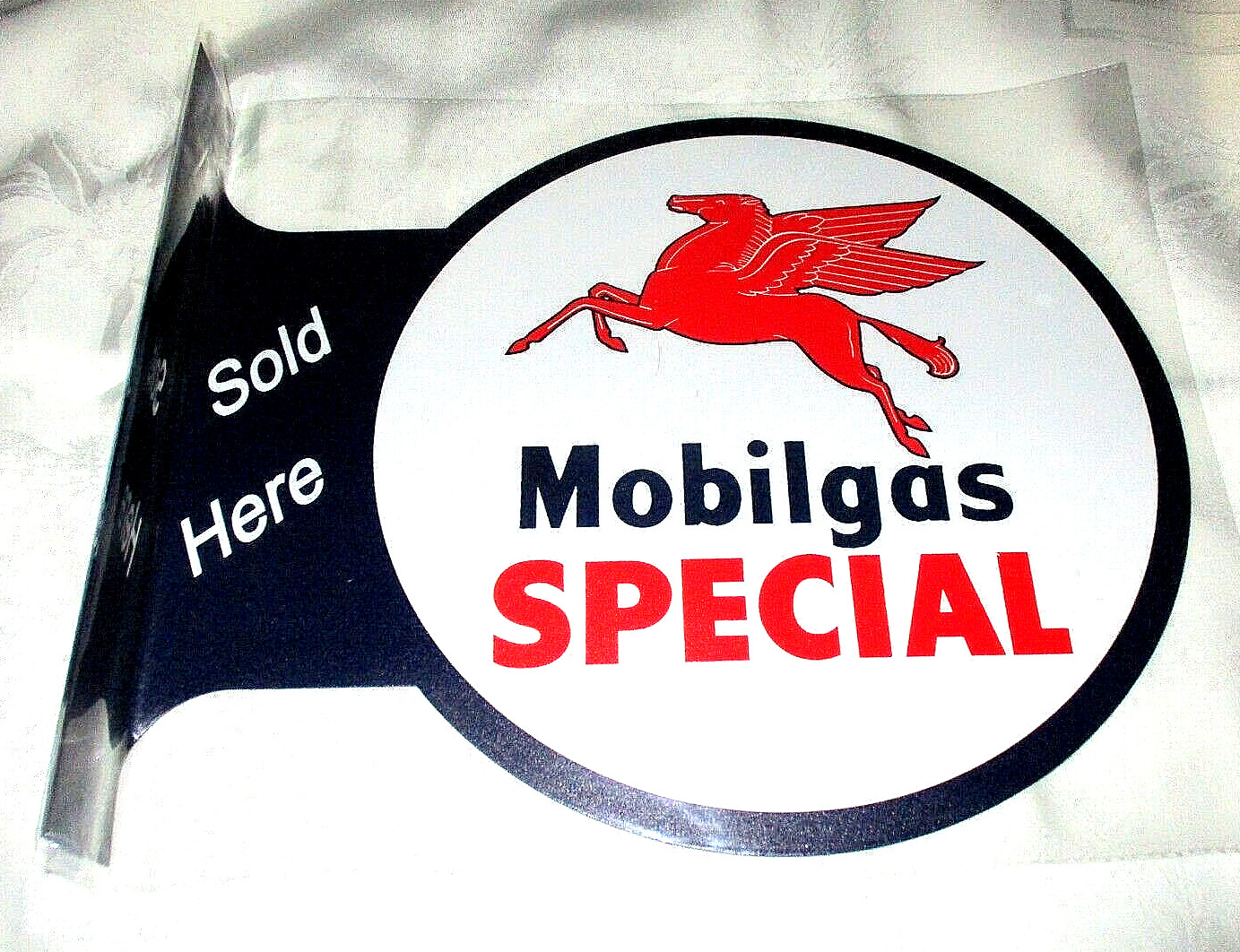 MOBIL MOBILGAS SPECIAL Double-Sided Imprint Metal Flange Sign #1a – NEW**