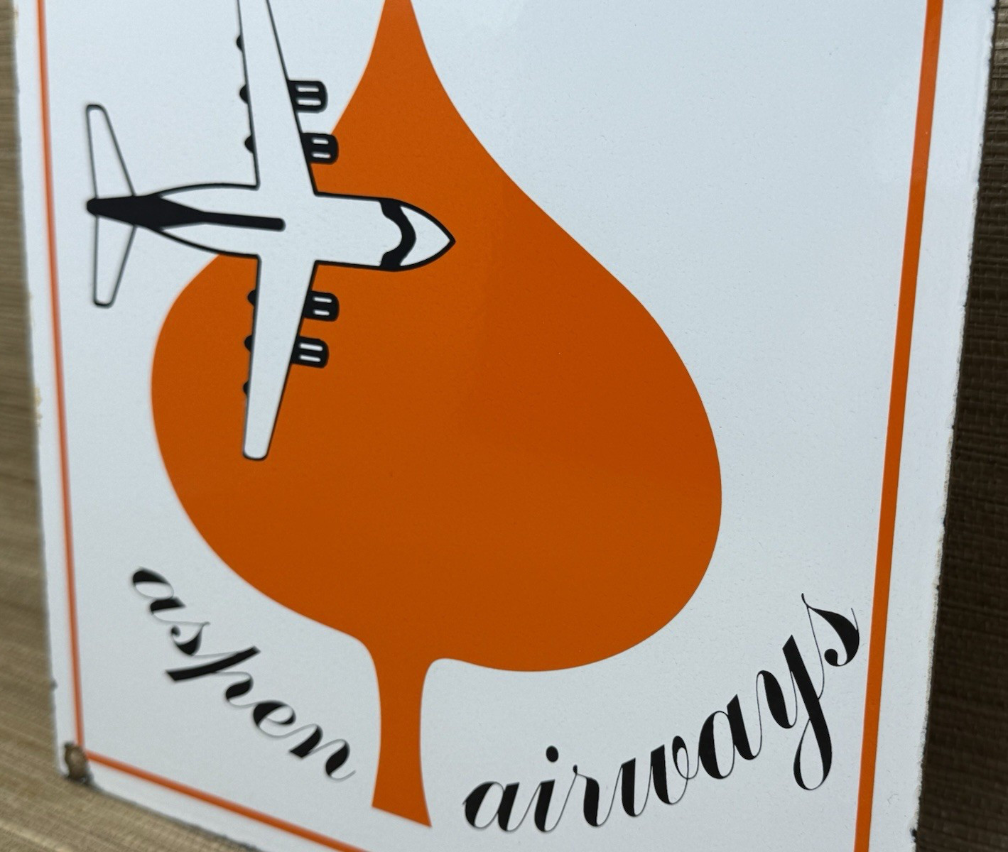 VINTAGE ASPEN AIRWAYS PORCELAIN SIGN GAS OIL AIRLINE AVIATION ORANGE LEAF PLANE