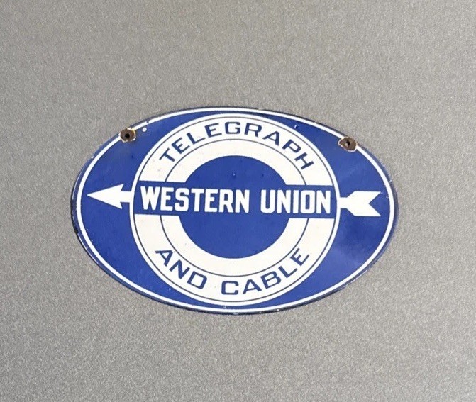 VINTAGE 12” WESTERN UNION TELEGRAPH PORCELAIN SIGN CAR OIL GAS MOTORCYCLE TRUCK