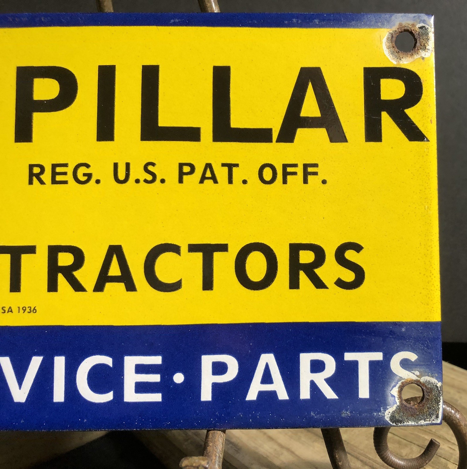 VINTAGE 1936 DATED CATERPILLAR DIESEL TRACTORS 10” PORCELAIN GAS OIL SIGN
