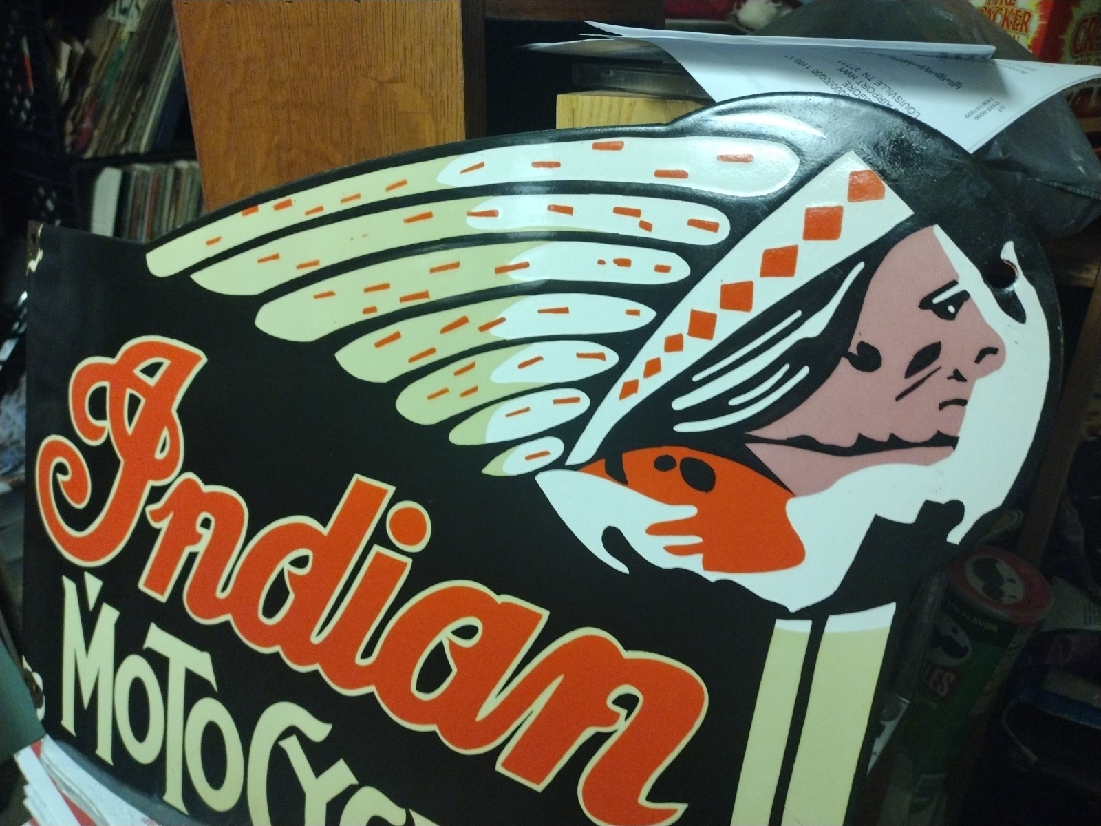 LARGE VTG INDIAN MOTORCYCLE PORCELAIN METAL SIGN RARE CHIEF BIKER PARTS DEALER