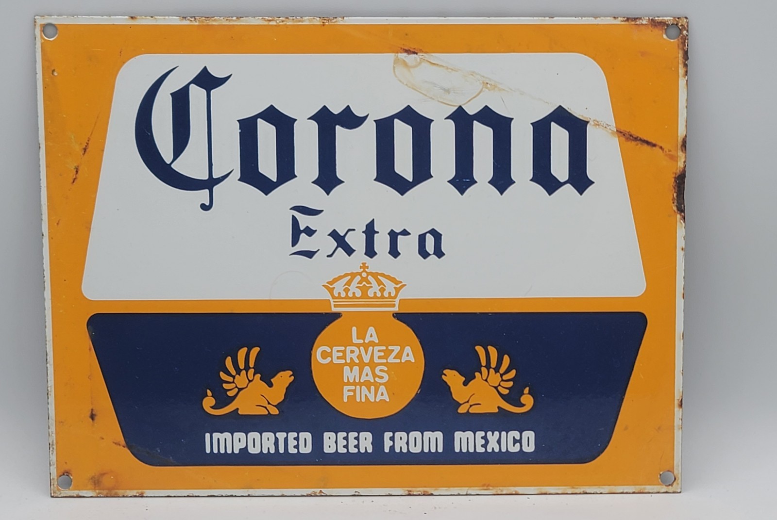 Vintage Corona Extra Beer Distressed Weathered Porcelain Enameled Metal Sign