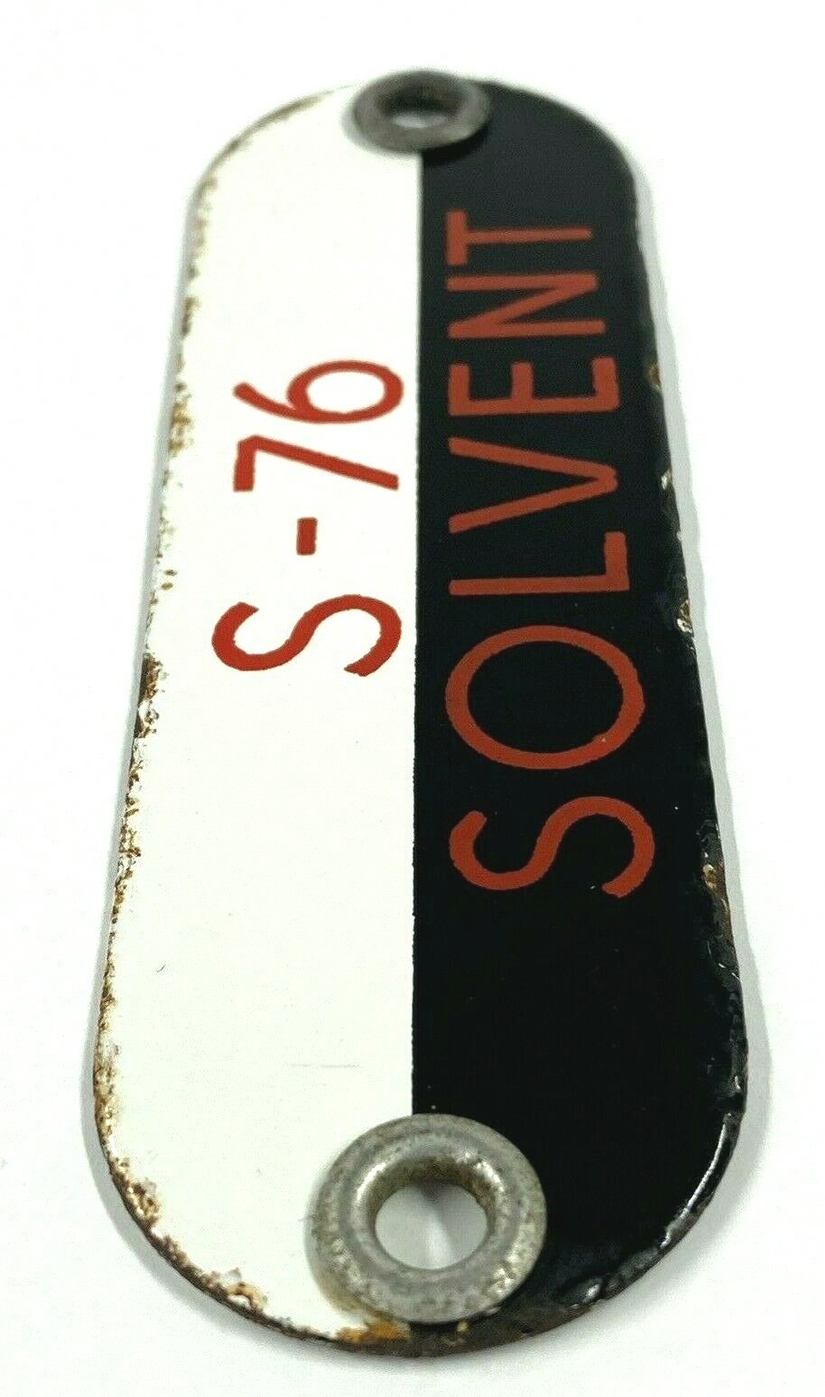 Vintage S-76 Solvent Porcelain Gas Fuel Oil Tag Sign Badge – Black, White & Red