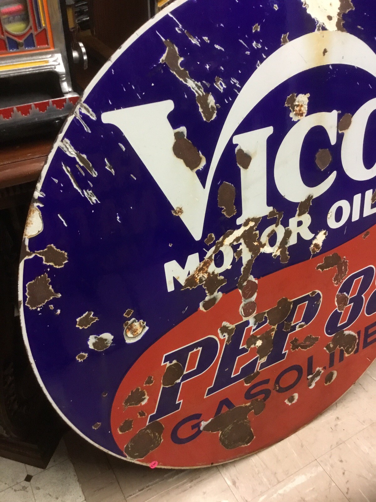 Ultra Rare 1930s 40s Vico Pep88 Gasoline Double Sided Porcelain Sign 42 inches.