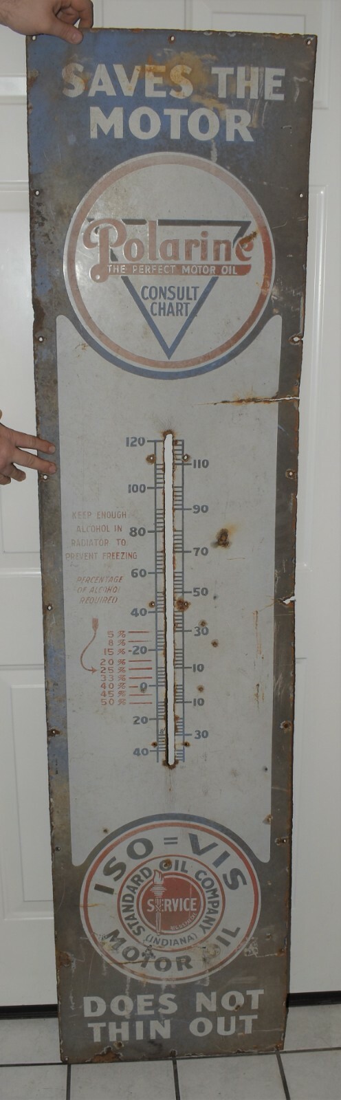 Vintage 6′ POLARINE ISO VIS PORCELAIN STANDARD OIL THERMOMETER Advertising SIGN