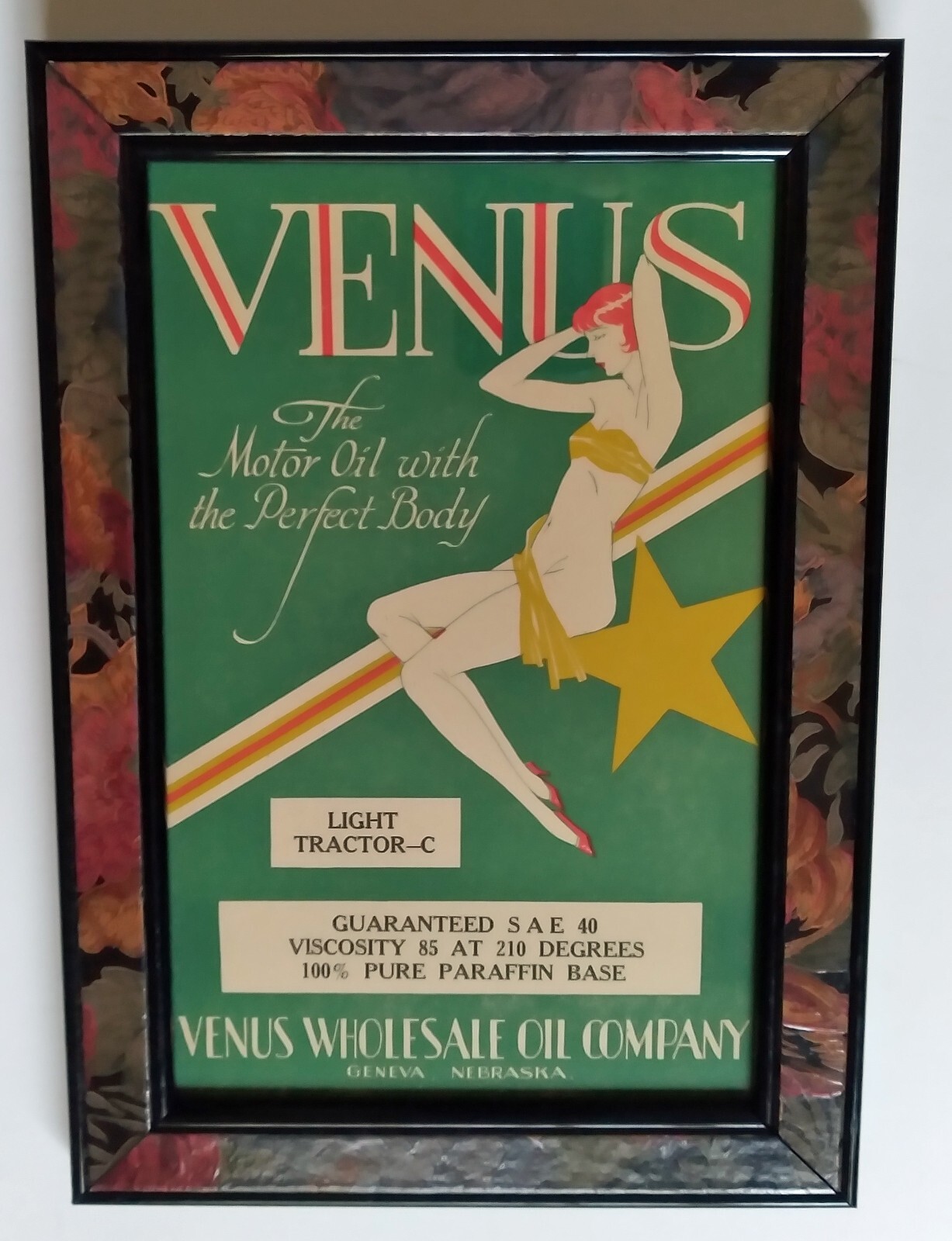VENUS, THE MOTOR OIL WITH THE PERFECT BODY Late 1920s Label, Geneva, Nebraska