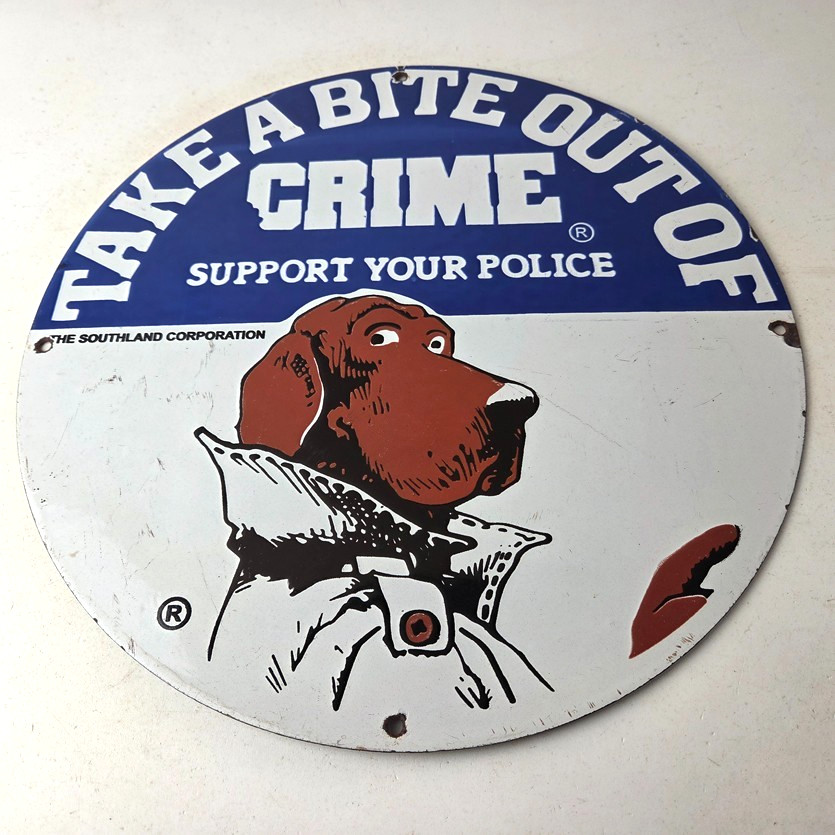 Vintage McGruff Crime Dog Sign – Porcelain Support Police Gas Pump Plate Sign