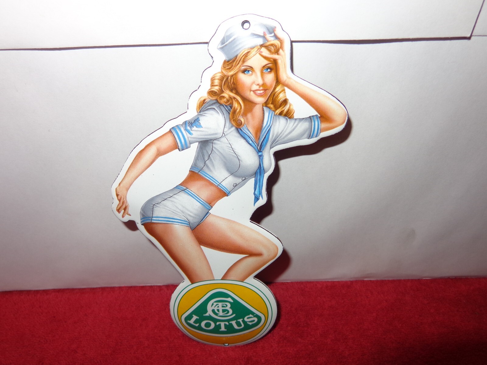 4 x 7 7/8 in LOTUS SEXY LADY ADVERTISING SIGN DIE CUT HEAVY METAL PORCELAIN #Z66