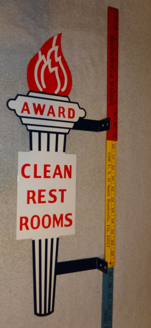 VINTAGE STANDARD GASOLINE TORCH CLEAN RESTROOM HUGE 2′ METAL AWARD BATHROOM SIGN