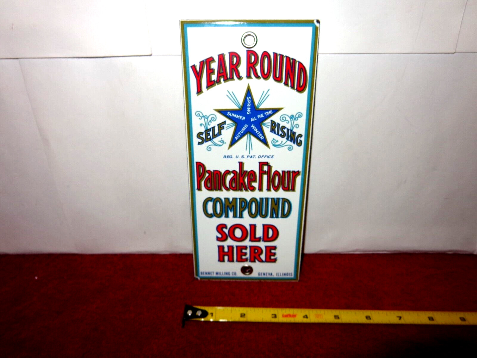 3 3/4 x 8 1/2 in YEAR ROUND PANCAKE FLOUR ADV. SIGN HEAVY METAL PORCELAIN – Z423
