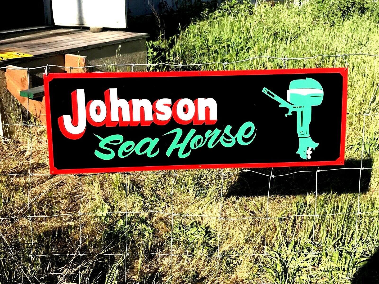 Large Vintage Hand Lettered JOHNSON OUTBOARD MOTOR Boat Gas Man Cave Fish SIGN