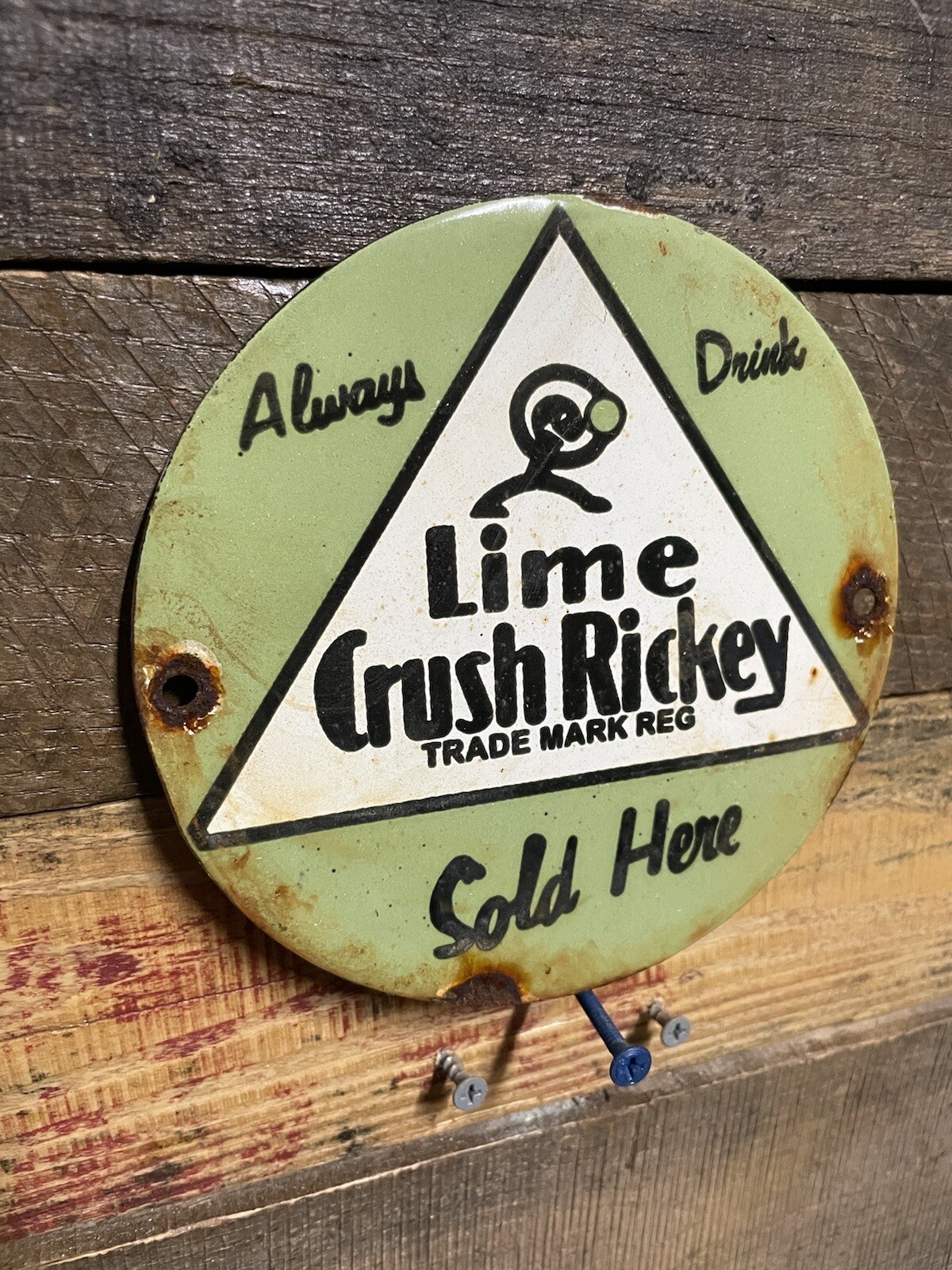 VINTAGE CRUSH PORCELAIN SIGN LIME RICKEY SODA GAS & OIL COLA BEVERAGE STORE FOOD