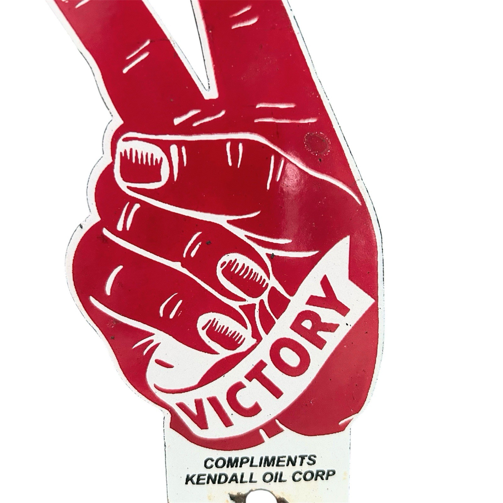 Vintage Kendall Oil Corp Victory Peace Sign Porcelain License Plate Topper
