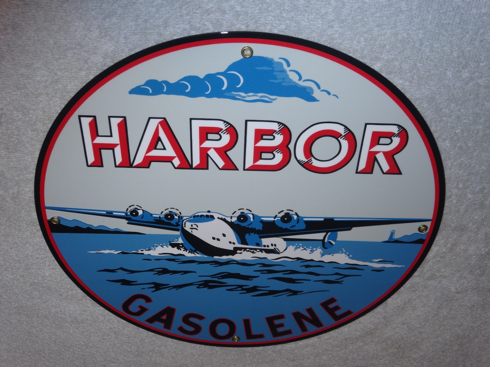 VINTAGE HARBOR GASOLINE AIRPLANE SEAPLANE 11 3/4″ PORCELAIN METAL GAS & OIL SIGN